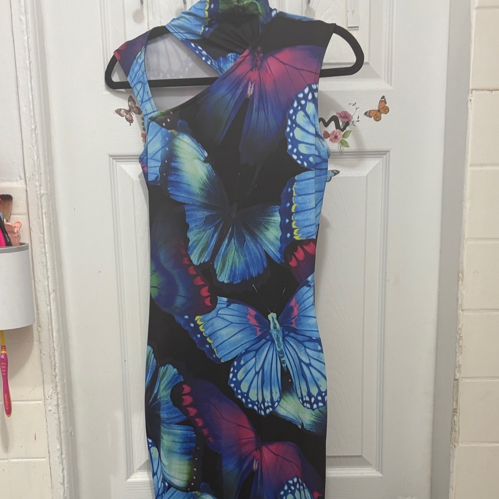 Fashion Nova One Shoulder Butterfly Dress - Black and Blue